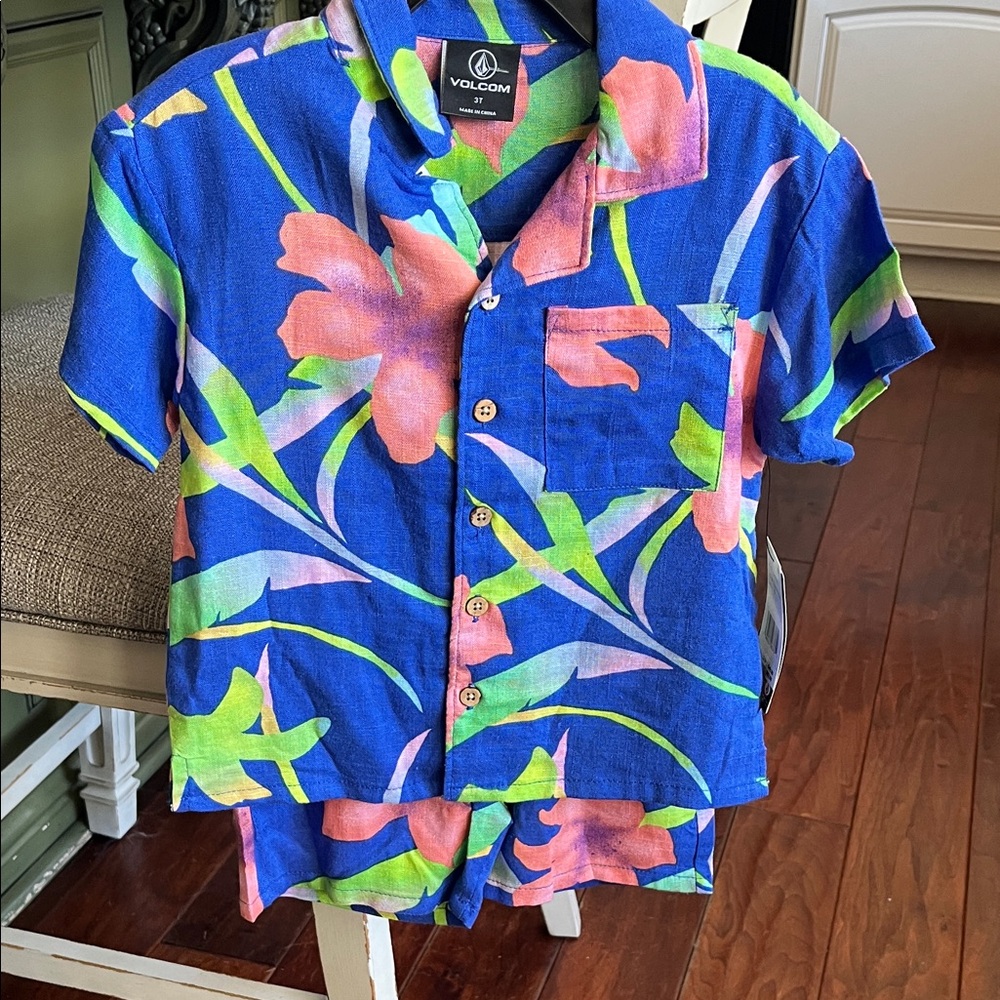 Volcom Kids' Vibrant Blue and Pink Floral Shirt and Shorts Set